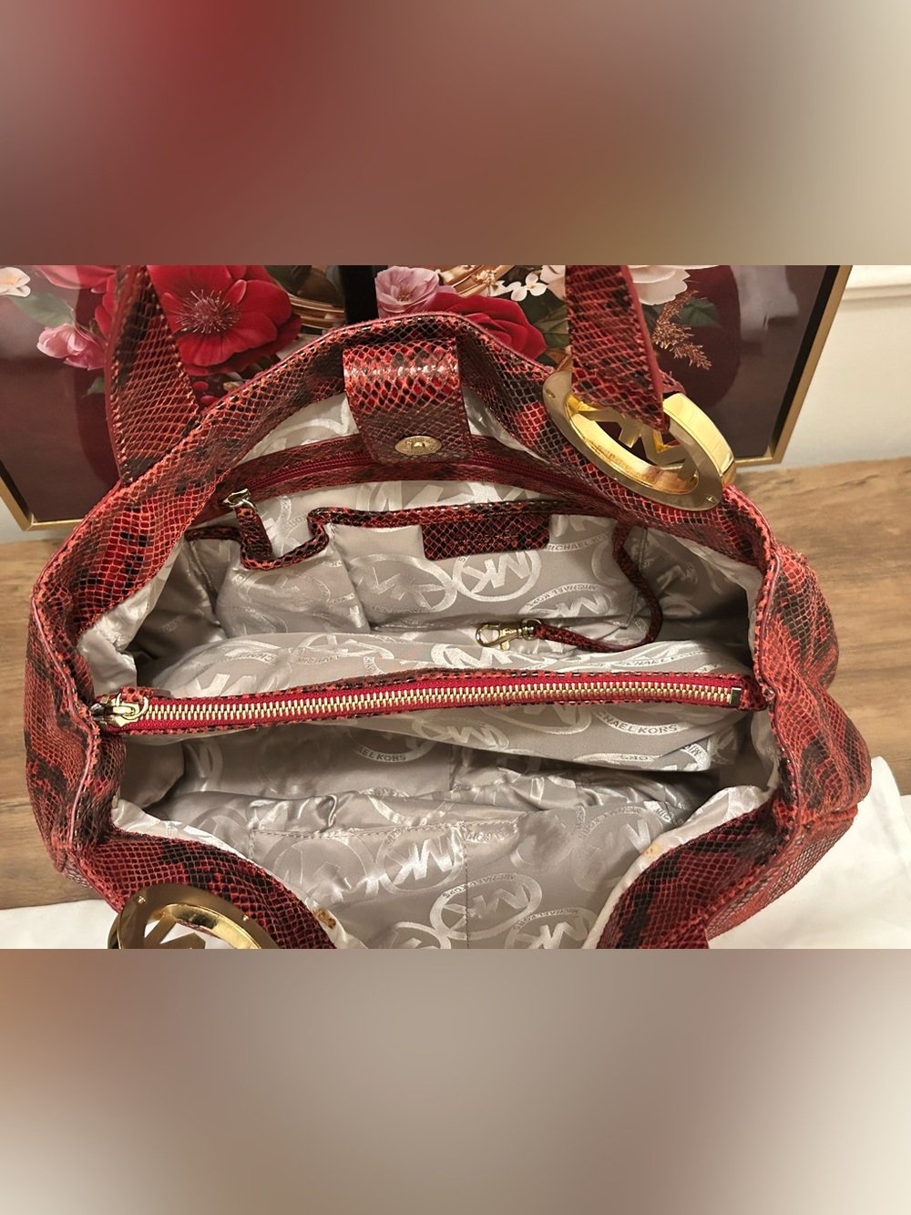 Michael Kors Red and Black Embossed Snake-Print Shoulder Tote with MK Dust Bag - Picture 12 of 15